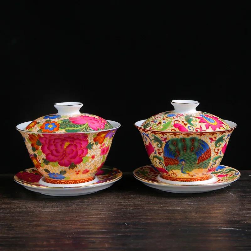 Color Enamel Gaiwan White Porcelain Cover Bowl Golden Kung Fu Tea Set Handpainted Peony Flower Tureen Travel Teaware