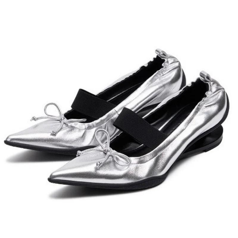 

Роскошные дизайнерские туфли на необычном каблуке, современные одинарные туфли для женщин, остроносые, с бантом-бабочкой, ретро балетки, универсальные повседневные туфли-лодочки, новые 39 серебряный