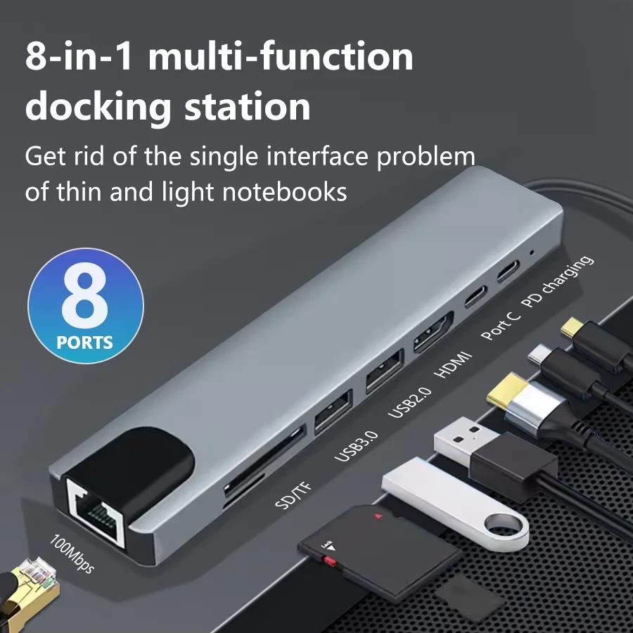 

Адаптер USB C 8 в 1, адаптер Type C с 4K HDMI, 87 Вт PD, USB-докинг-станция, адаптер для ноутбука, RJ45 для MacBook Pro Air, ноутбука, планшета USB C HUB 8 in 1