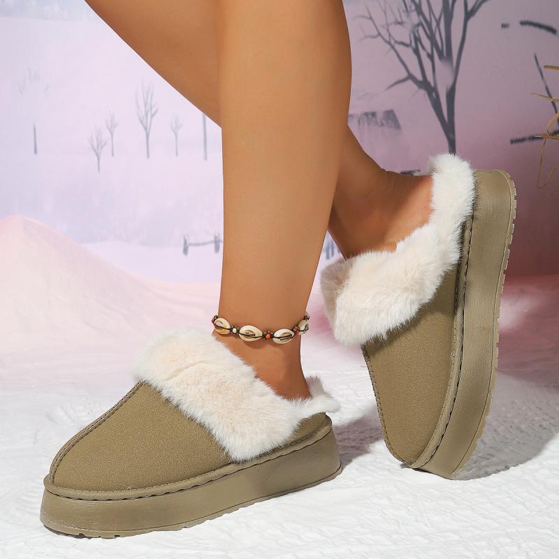 Fashion Casual Faux Fur Decoration Slip On Snow Boots Women 2025 Winter Thick Bottom Medium Heel Ankle Snow Boots Warm Short Plush Shoes