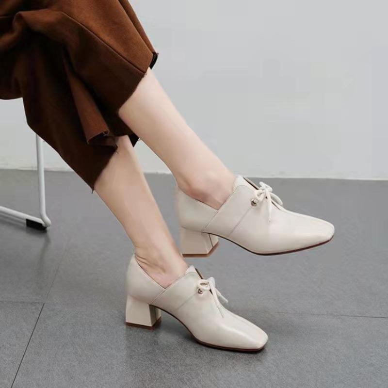 Fashion Design Women Loafers Soft Leather Shoes Comfortable Casual High Heels Solid Color Shoes Ladies Office Party Single Lolita Shoes