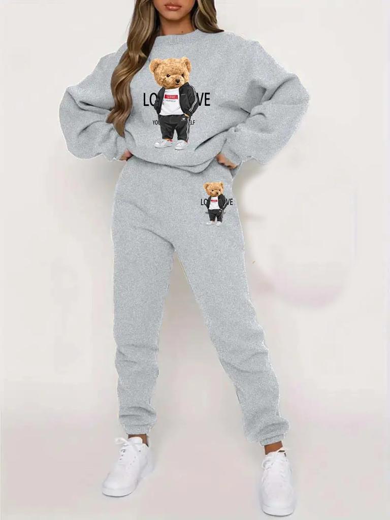 Versatile Cartoon Bear 3D Printing Two-Piece Set Long-Sleeved Sweater Trousers Casual Loose Sweater Set