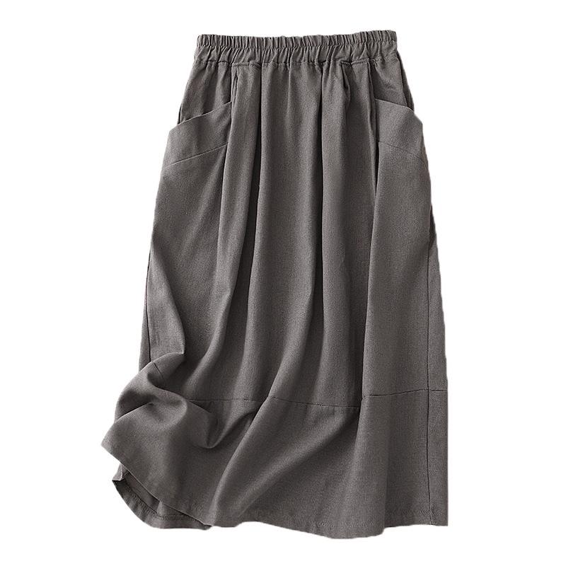 Fustă Midi Retro cu Talie Înaltă din Bumbac și In pentru Vară 2025