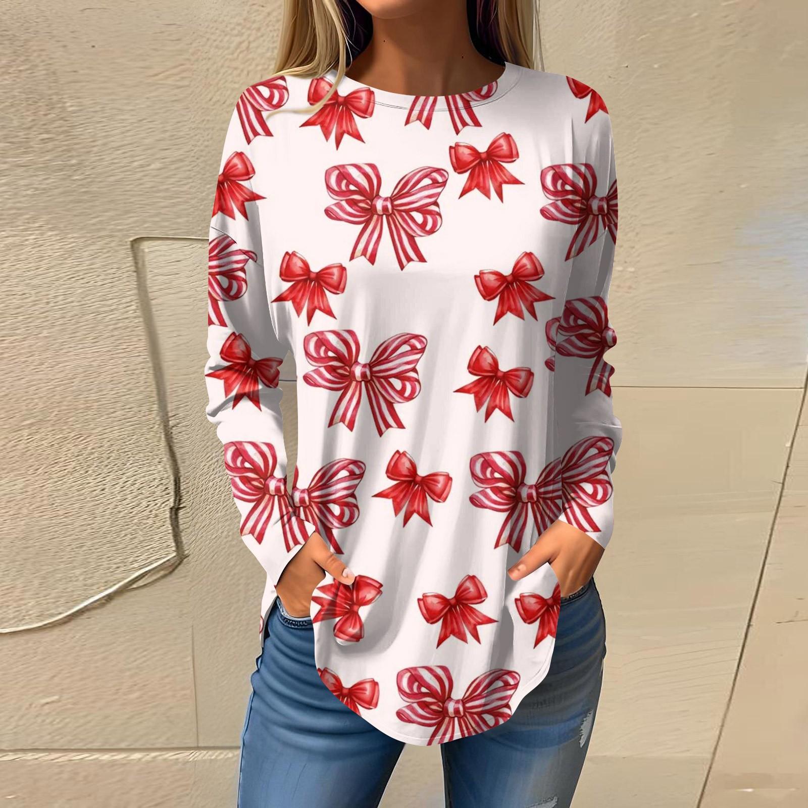 

Женская свободная повседневная футболка с принтом банта и круглым вырезом, длинными рукавами, топ, пуловер, свитшот с длинными рукавами L красный