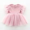 Baby Summer Short Sleeve Dress with Tulle Skirt and Hair Ruffled Solid Baby Prep Gift Girl's Coverall, Accessory, Pink, 6M,