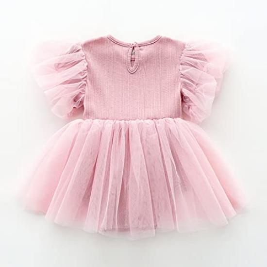 Baby Summer Short Sleeve Dress with Tulle Skirt and Hair Ruffled Solid Baby Prep Gift Girl's Coverall, Accessory, Pink, 6M,