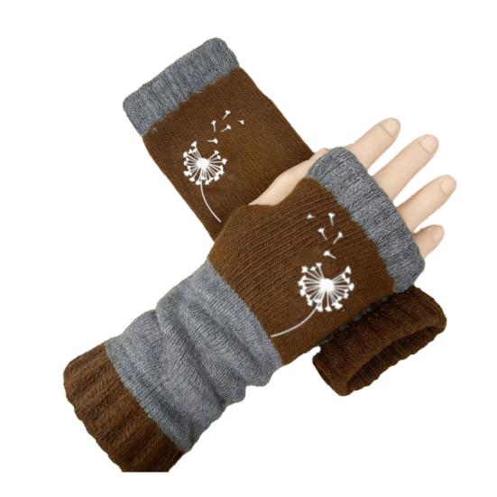 Knitted Fingerless Gloves Women Color-Block Knit Gloves Half-Finger Warm Gloves with Embroidered Dandelion Pattern for Texting Typing Writing