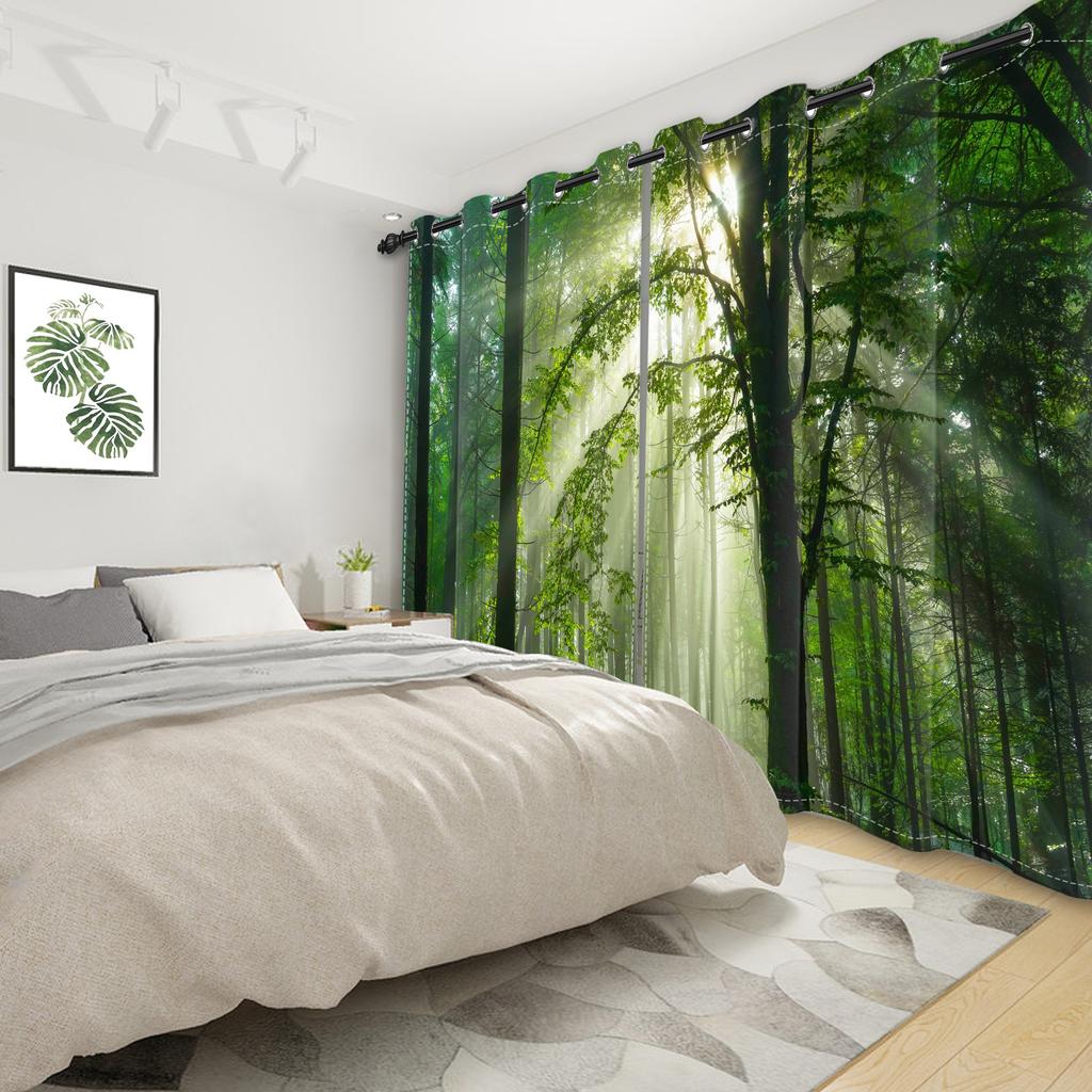 2pcs Blackout Curtains Perforated Polyester Sunny Forest and Natural Green Space Curtain of Bedroom Balcony Living Room Curtains