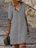 Loose Lapel Button Mid-Sleeve Solid Color Cotton Linen Shirt Dress