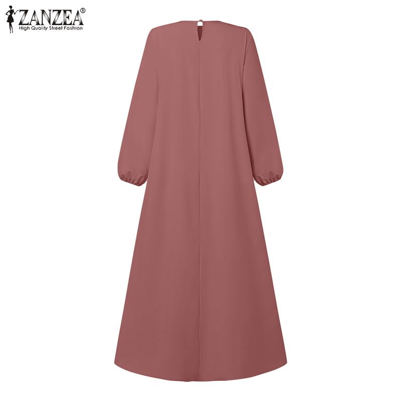 ZANZEA Women Casual O-neck Solid Color Loose Long Sleeve Dress