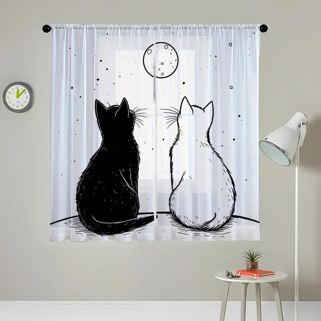 2 Pieces Hd Digital Black And White Kitten Printed Window Screen Home Decor Style Decoration Living Room Window Curtain