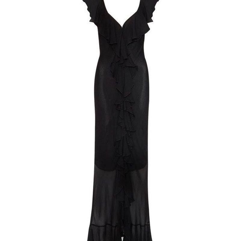 

European and American Foreign Trade Amazon Dress V-Neck Slim Fit Slit Sheer Irregular Ruffle Chiffon Long Dress Black S
