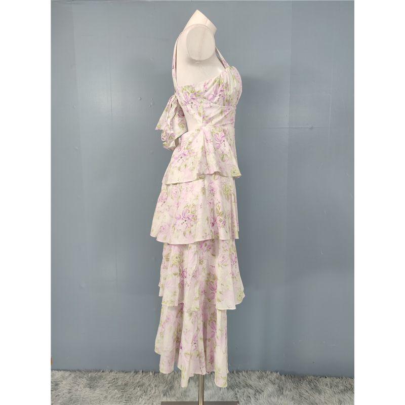 Foreign Trade Order Lady Elegant Exquisite Print Purple Slimming Vacation Elegant Beautiful Backless Fashion Summer Dress