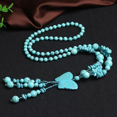 Vintage Turquoise Necklace Sweater Chain Long Butterfly Plate Necklace Rice Bead Turquoise Necklace