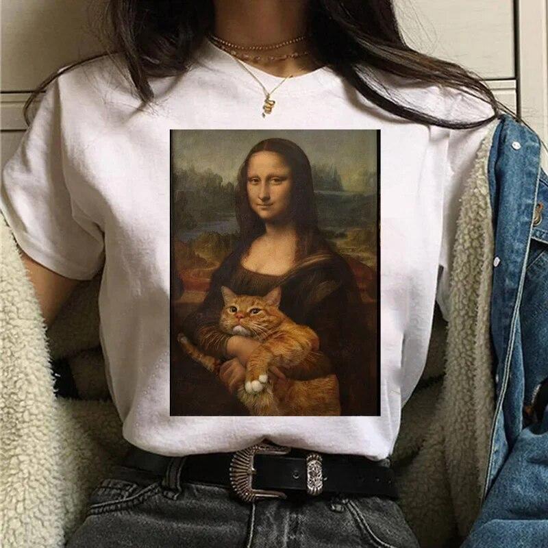 Camiseta Gato Van Gogh woUnisex estampado artístico pintura al óleo hermosa linda divertida camiseta dibujos animados años 90 ulzzang top casual camiseta mujer
