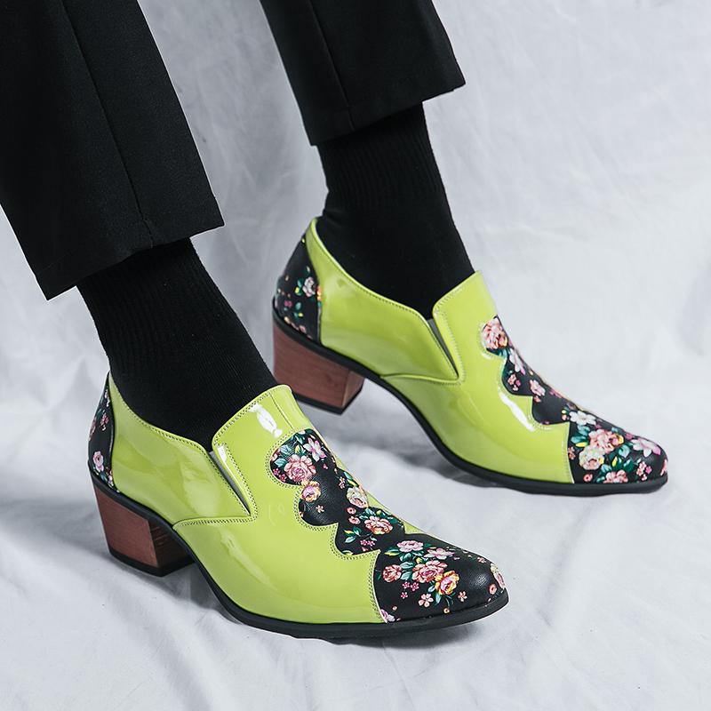 Men's White Flower Printed Dance Shoes Leather High Heels Wedding Dress Shoes Tuxedo Prom Blazers Red Dress Shoes Plus Size