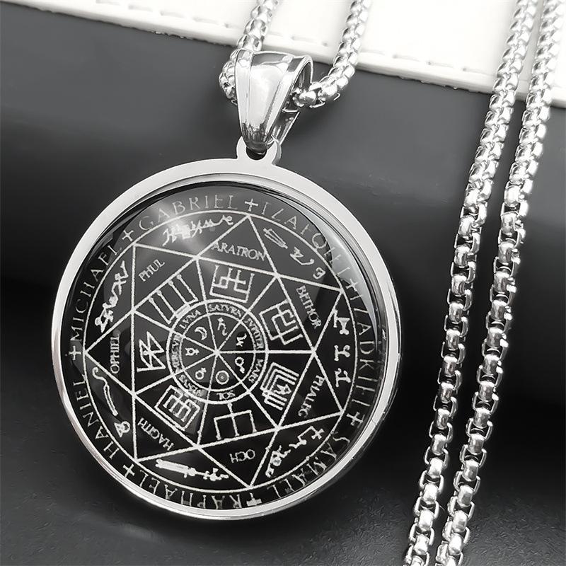 1Pc Seven Archangels Medal Stainless Steel Glass Necklace Solomon Talisman Necklace Protective Jewelry Medal