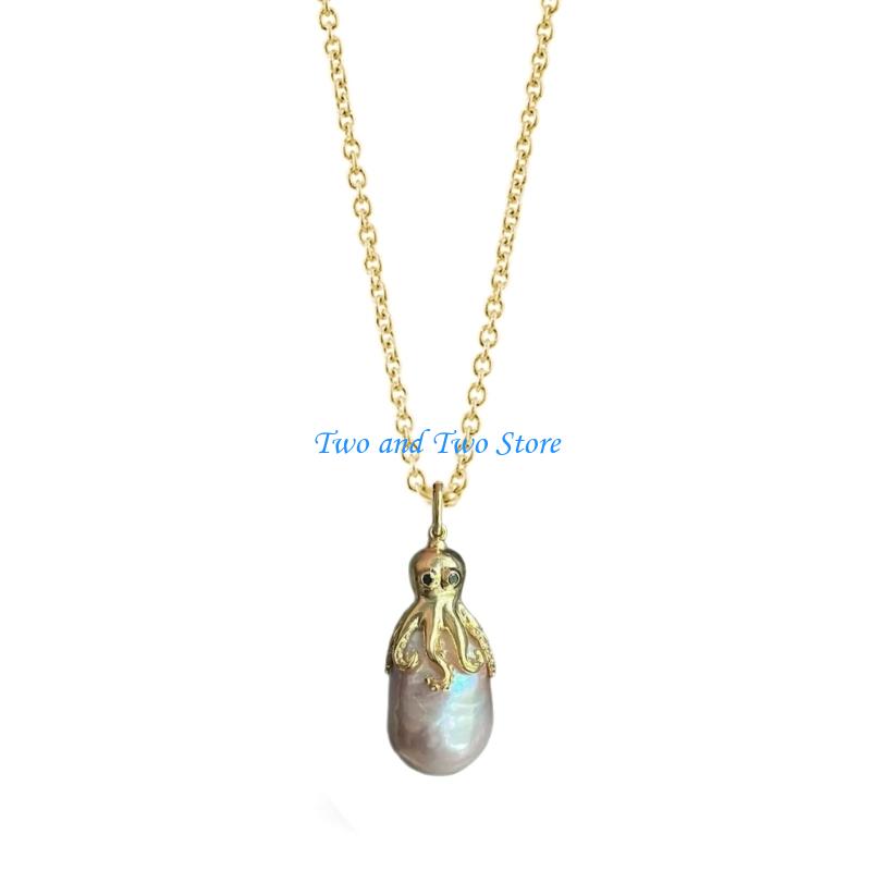 HX6F Elegant Accessory Octopus/Jellyfish Necklace with Pearls Vintage Charm