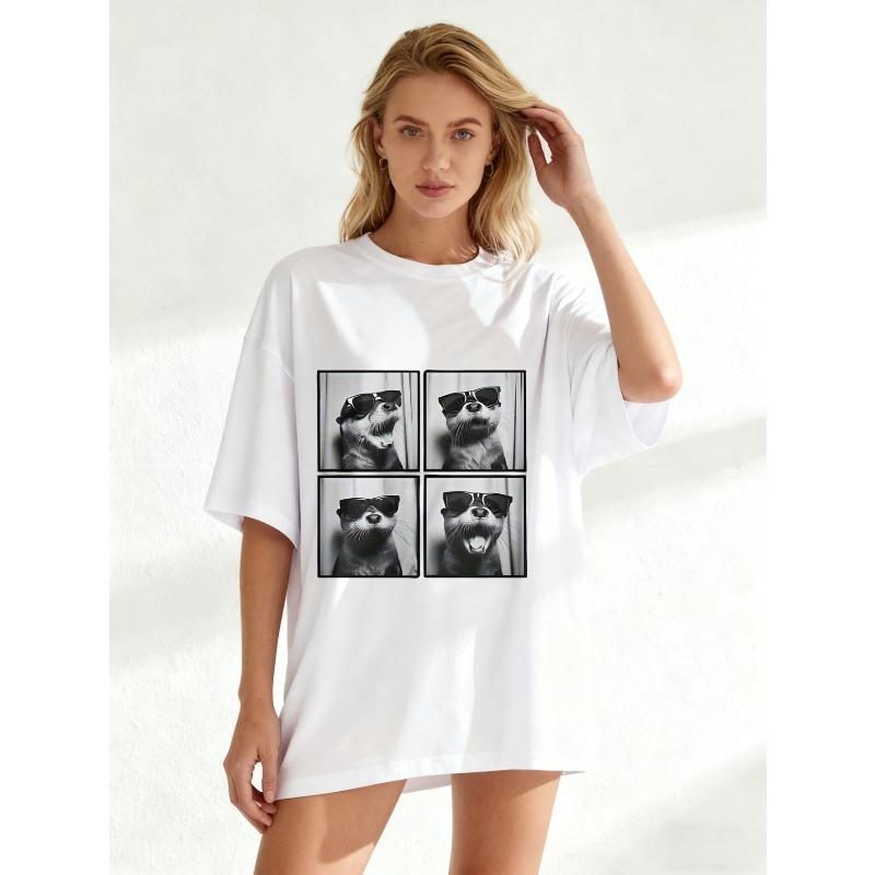 Oversized T-Shirt Black Otter With Sunglasses Print Casual Wear For Women Summer Outfit Streetwear Fashion Trendy Top