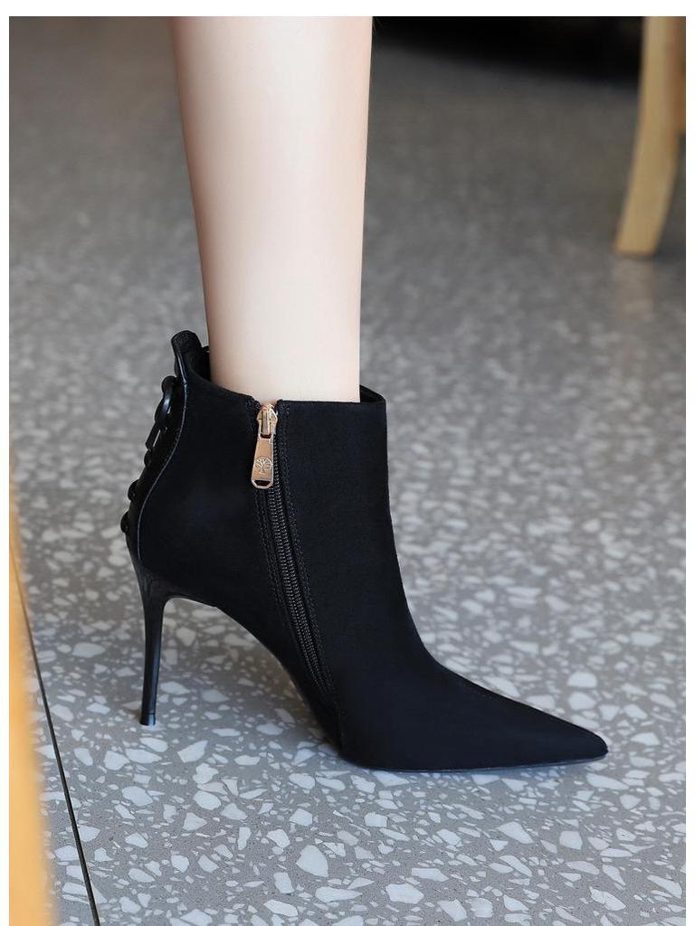 Evropská a americká retro móda Sexy noční klub Semišové šněrovací boty na vysokém podpatku se špičatou špičkou