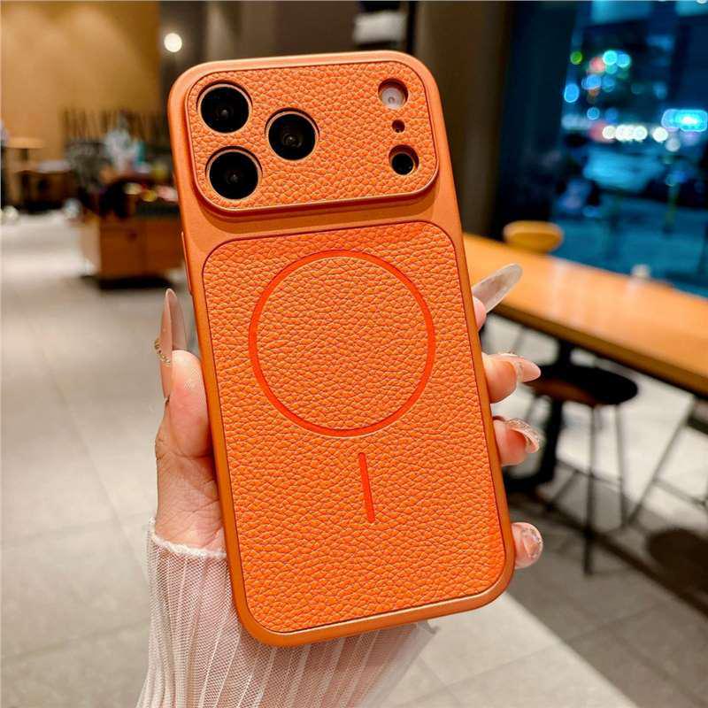 

Lychee Texture Magnetic iPhone 17 Pro Max Case with Full Coverage Protection iPhone 13 Pro Max оранжевый