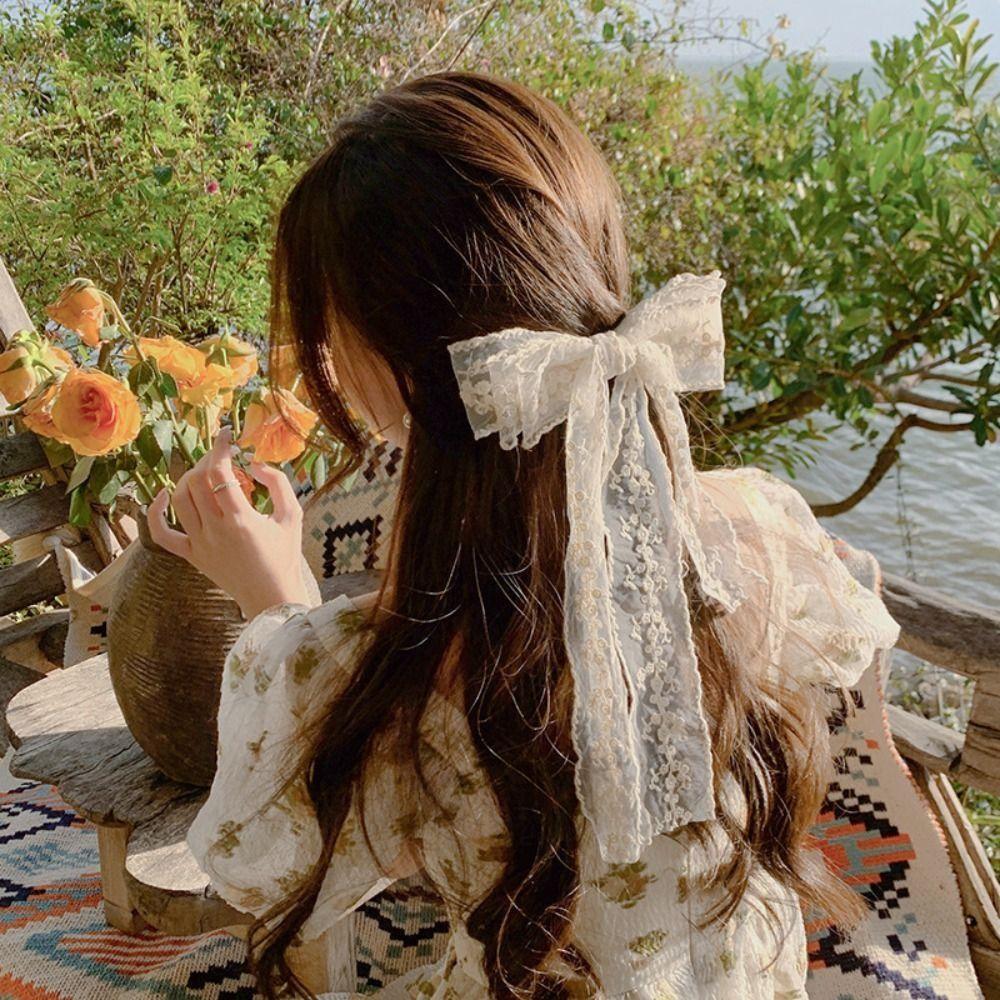 Large Lace Embroidery Hair Clip French Style Women Hairpin Elegant Lace Bow Hair Clip  Headdress