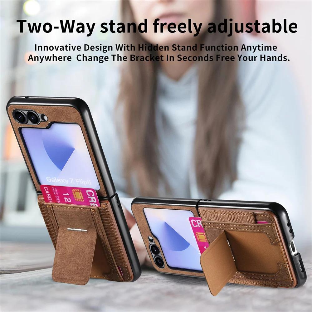 Retro Leather Bracket Wallet with Card Holder Phone Case for Samsung Galaxy Z Flip 6 5 4 3 Flip6 Flip5 Flip4 Protective Cover