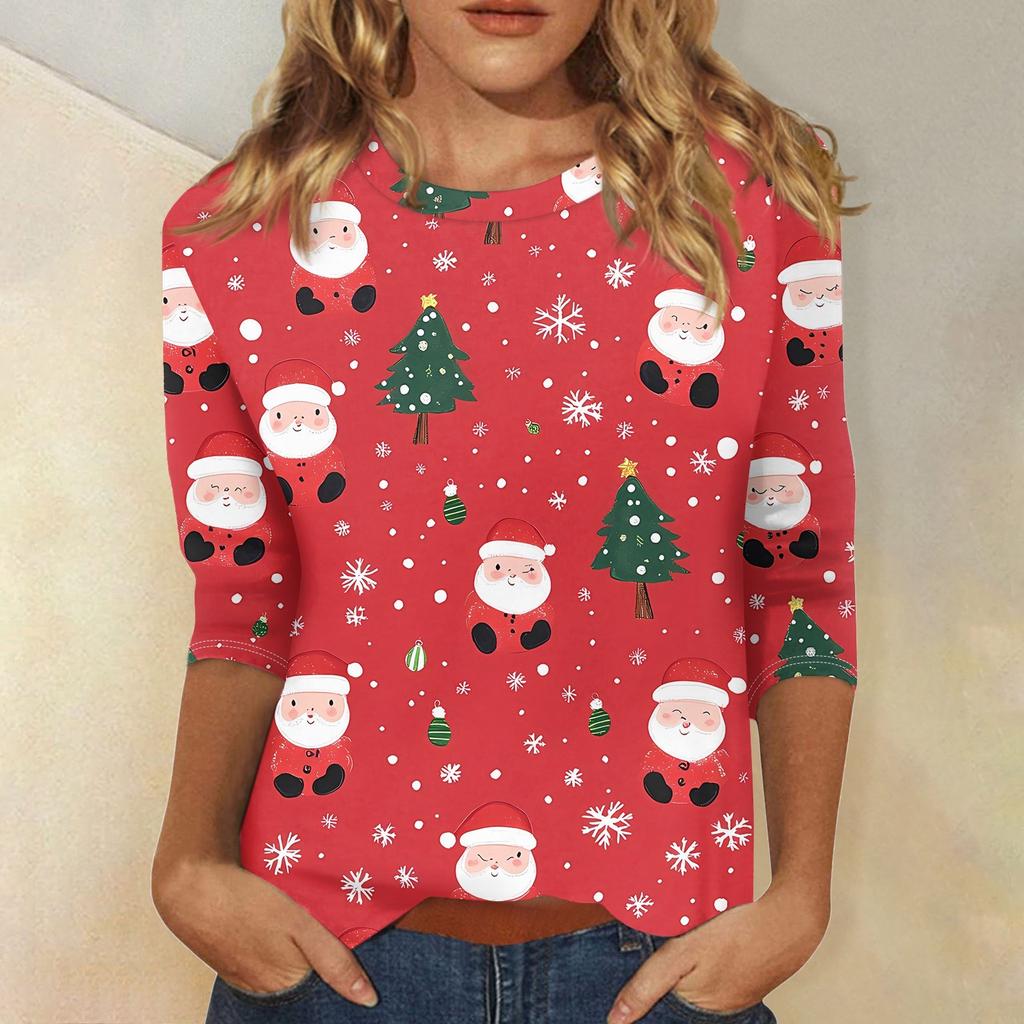 Women's Fashionable Casual Three Quarter Sleeve Christmas Printed Collar Pullover Top