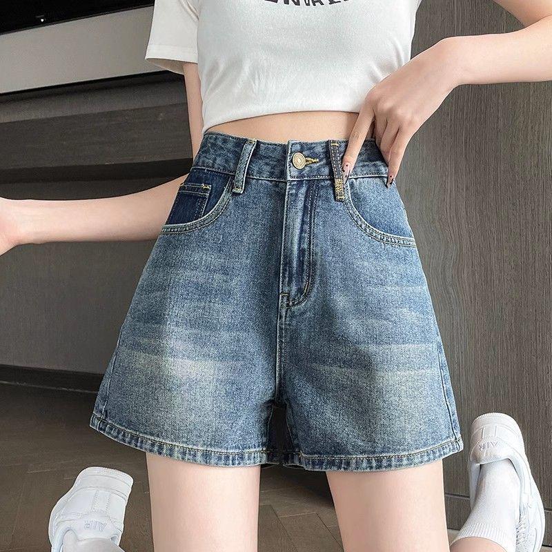 Women's High-Waisted Colorblock Denim Shorts 2025: New Loose A-line Design with Slimming Wide Legs and Pockets.