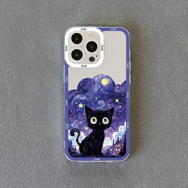 Coque de téléphone Chat Ciel Étoilé pour iPhone 13 12 Pro Max 15 14 Pro Max Plus 11 XR XS X 8 7 Plus SE 2020 Coque Arrière Souple Transparente Fundas