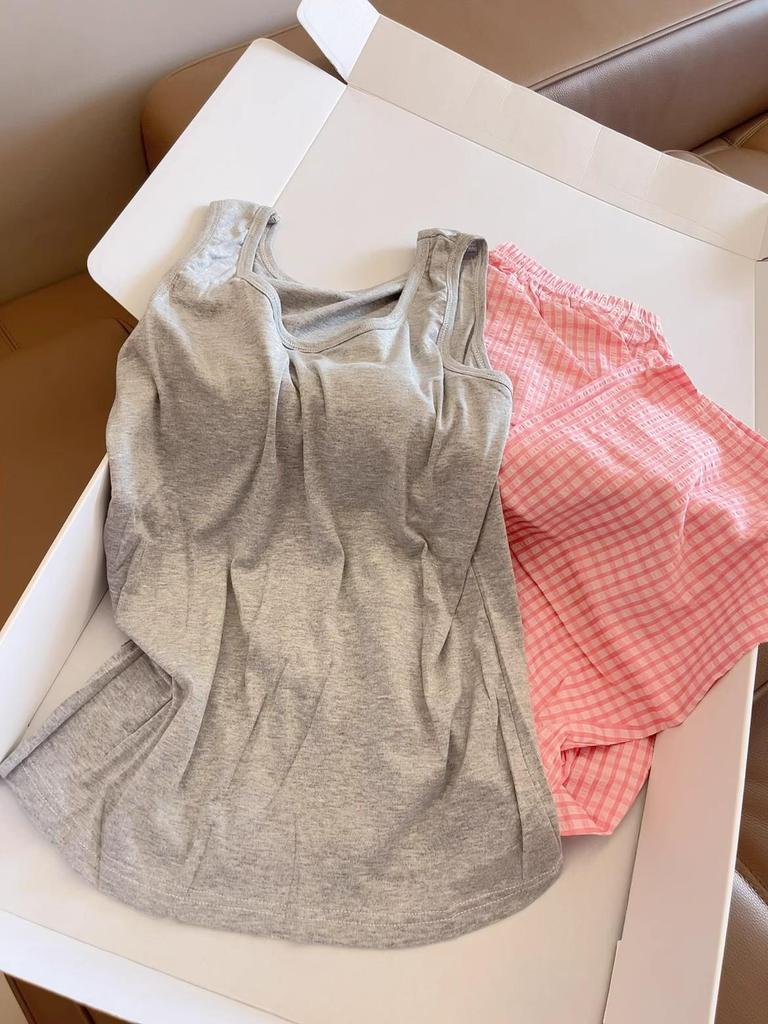 Women's Summer Padded Strappy Camisole Pajama Set - Loose Top & Lapel Pants, Imitation Cotton