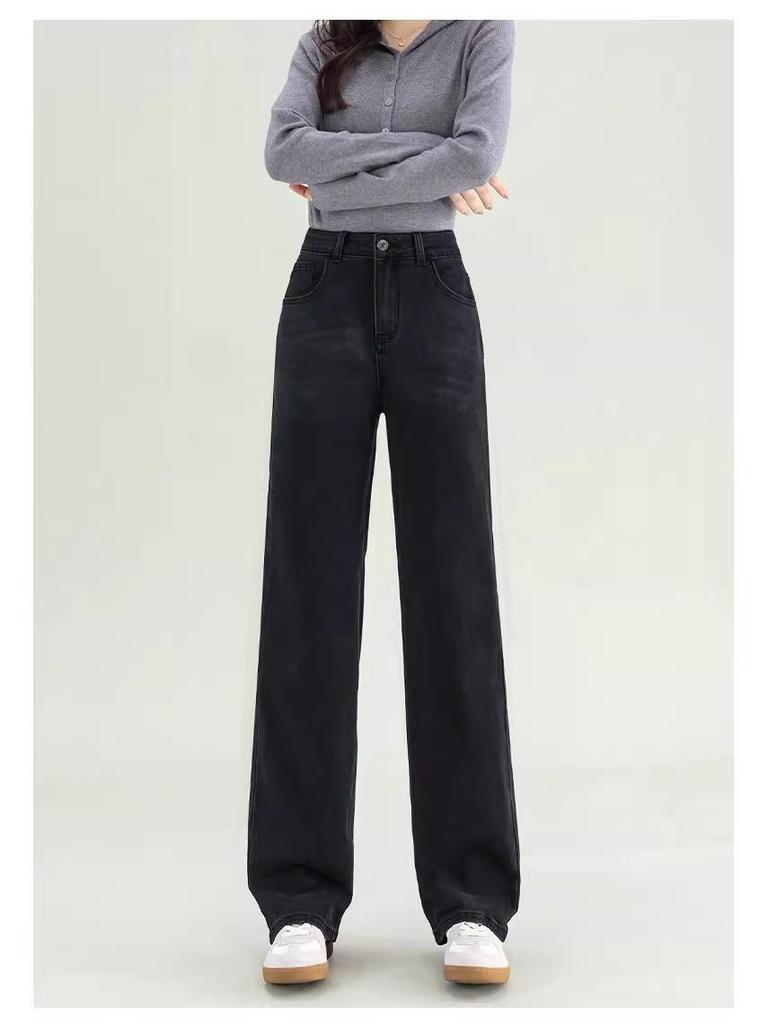 Women's 2025 High-Waisted Black Loose Straight-Leg Jeans: Slimming, Versatile, Wide-Leg Pants for Spring & Autumn
