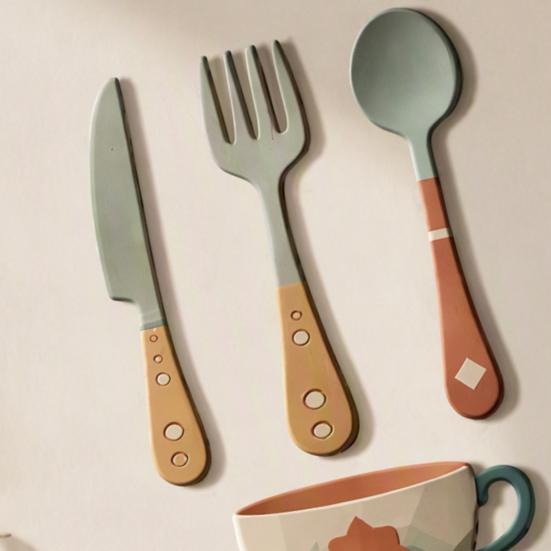 Vintage Tableware Pattern Stickers 7Pcs 2D Flat Kitchen Wooden Wall Decor, Retro Teapot Themed Peel Stick Dining Room Decor Art, Self?Adhesive
