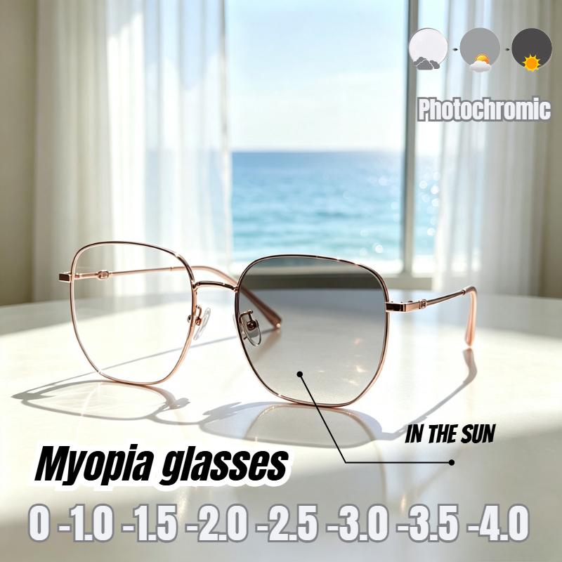 Fashionable Photochromic Large Metal Frame Myopia Glasses Unisex Comfortable Luxury Near Sight Eyeglasses 0 To -4.0