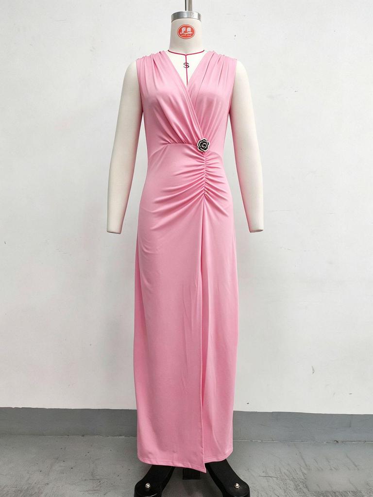 2026 Elegant V-neck Side Slit Pleated Evening Gown with Waist Detail