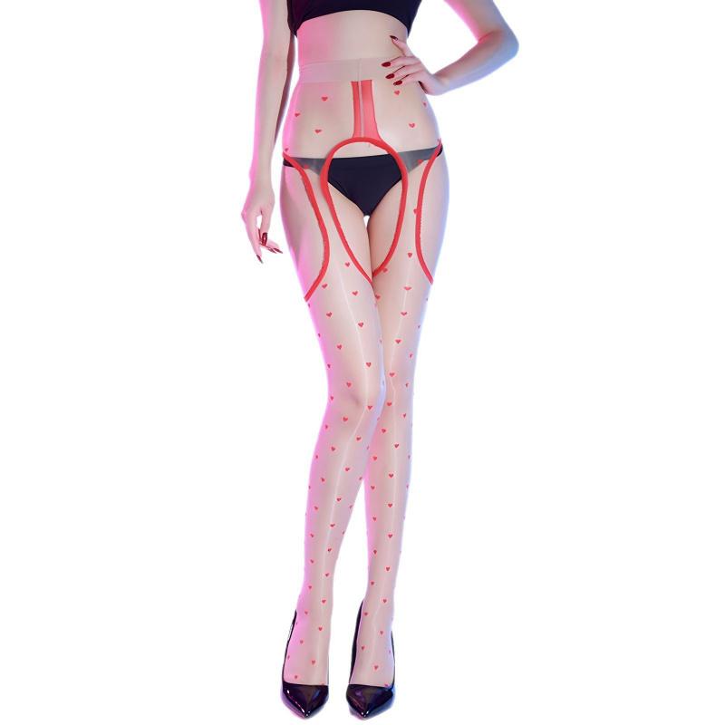 Sexy Aurora Heart Polka Dot Stockings Glossy Ultra-Thin Silky Four-Way Crotchless Erotic No-Take-Off Hollow Out Suspender Black