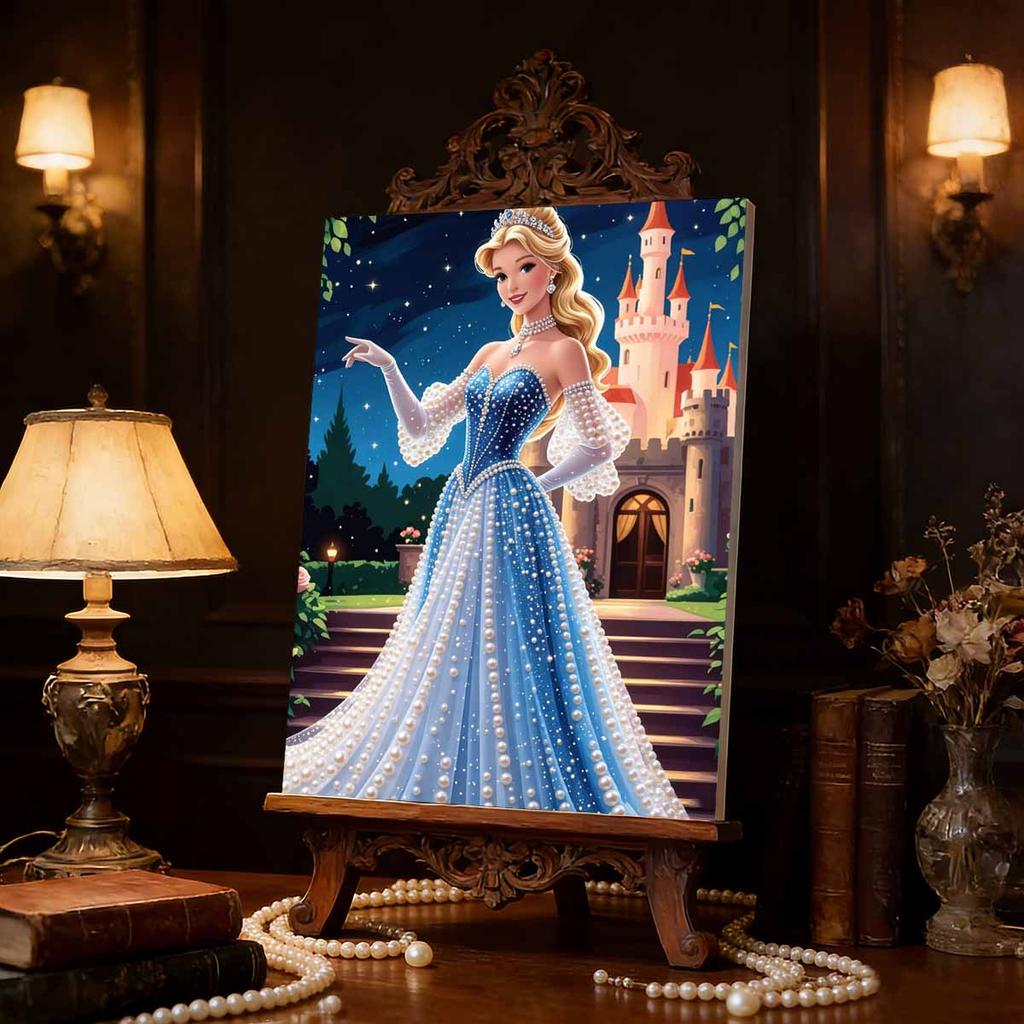 Starry Castle Cinderella New Pearl-Inlaid Frameless Art | Handmade Pearl Craft, Night Castle Staircase Theme, for Romantic Fairy Tale Decor