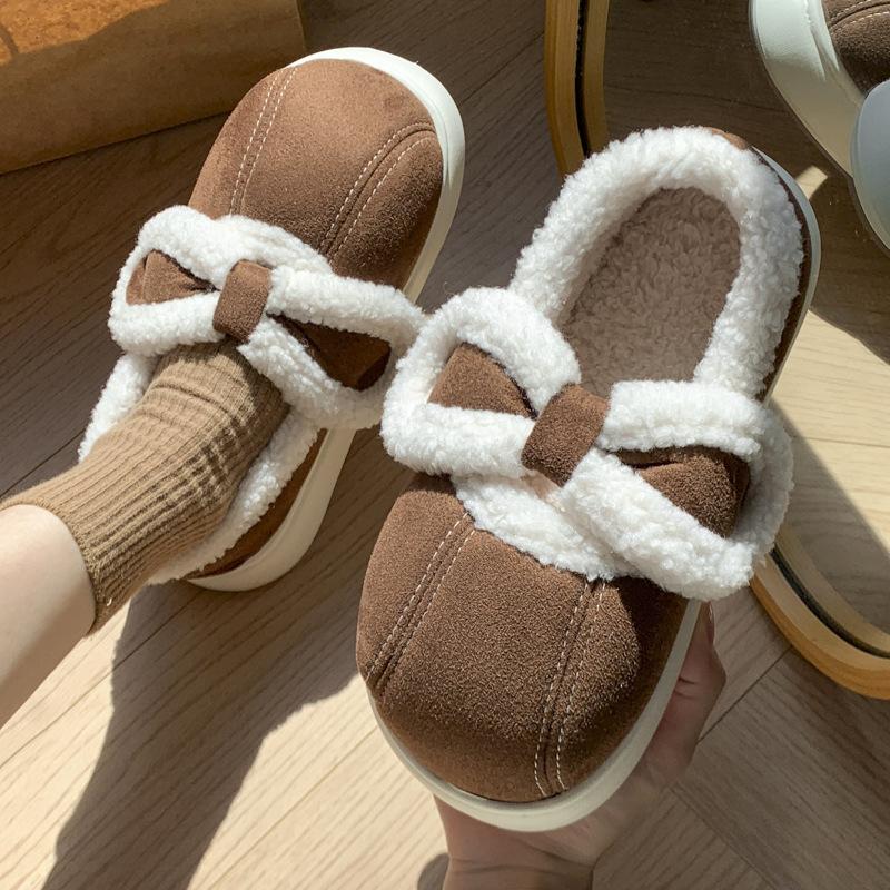Fashion Autumn Winter Suede Warm Cotton Slippers Women Soft Plush Platform Shoes Thick Sole Couples Outdoor Flat Shoes