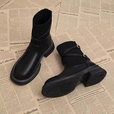 Scarpe da Donna di Marca Stivaletti alla Caviglia Stivali Classici Moderni da Donna Elasticizzati Slip-on Punta Rotonda Tacco Basso Scarpe con Fibbia a Cinturino da Donna