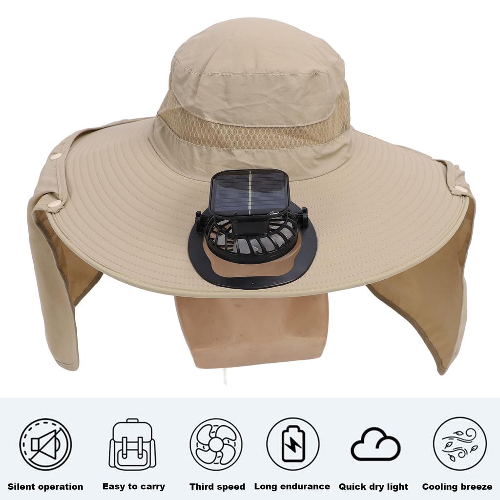Solar Fan Sun Hat USB Rechargeable   UPF50 Waterproof Wide Brim Fishing Hat with Neck Flap for Beach Garden Outdoor Sports