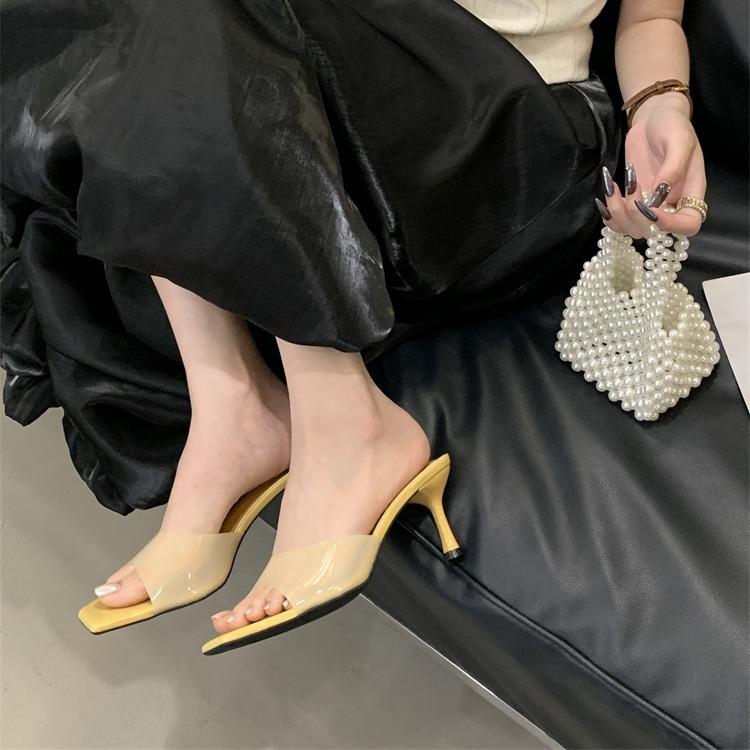 High-heeled cool slippers for women's 2025 summer new thin-heeled square-toed open-toed one-word slippers