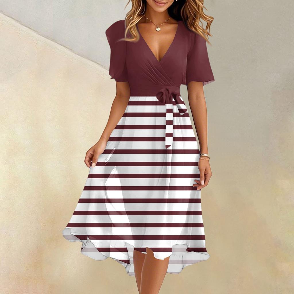Women's Summer Fashion V-Neck Flared Dress Short Sleeve Striped Geometric Dresses
