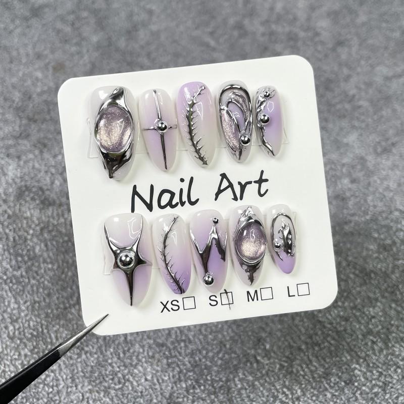 Almond Shape Press-On Nails With Matte Purple Ombre Cat Eye Design 3D Metallic Relief Gel Nail Tips Women