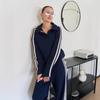 Completo casual da donna con bordi in pizzo, colletto ripiegabile, maniche lunghe e pantaloni per Primavera/Autunno