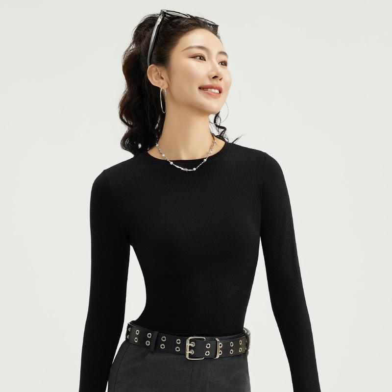 

Осень 2024 Женский приталенный топ с глубоким V-образным вырезом и длинными рукавами, бесшовный базовый слой из шерсти Large чёрный