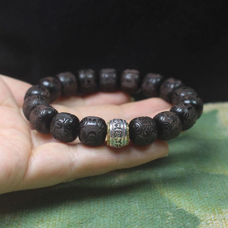 Natural Black Sandalwood Mala Bracelet, 12mm Handmade Buddhist Beads Wristband