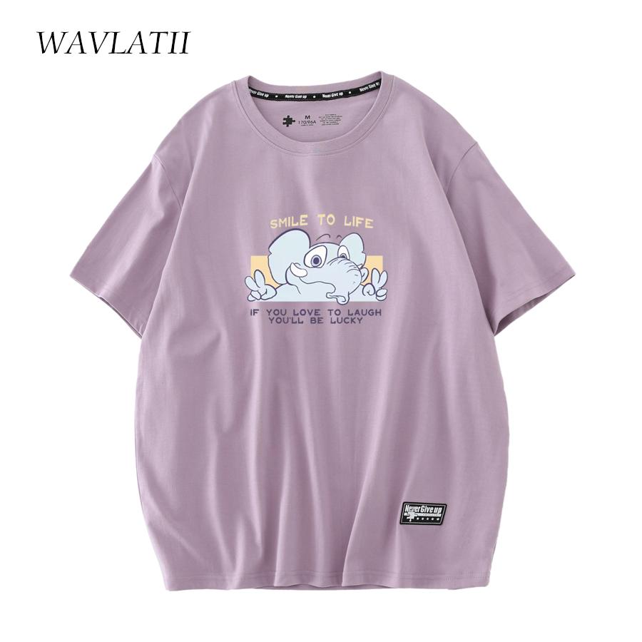 WAVLATII 2022 Nowe Różowe T-shirty z Nadrukiem Kreskówkowym dla Kobiet 100% Bawełna Casualowe Damskie Oversize Topy na Lato WT2203