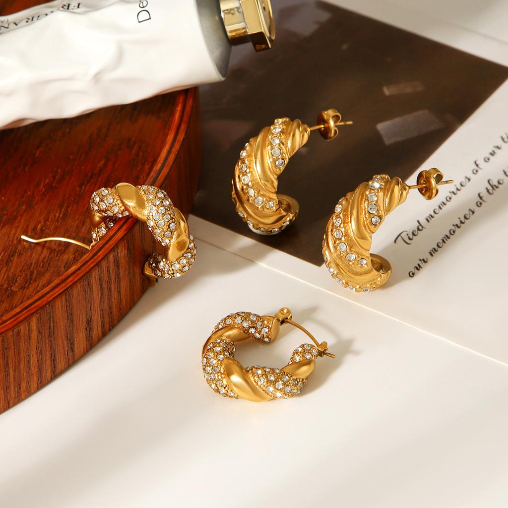 18K Gold Stainless Steel Diamond-set Twisted Earrings for Women, Premium Titanium Steel Jewelry, Versatile Light Luxury Studs