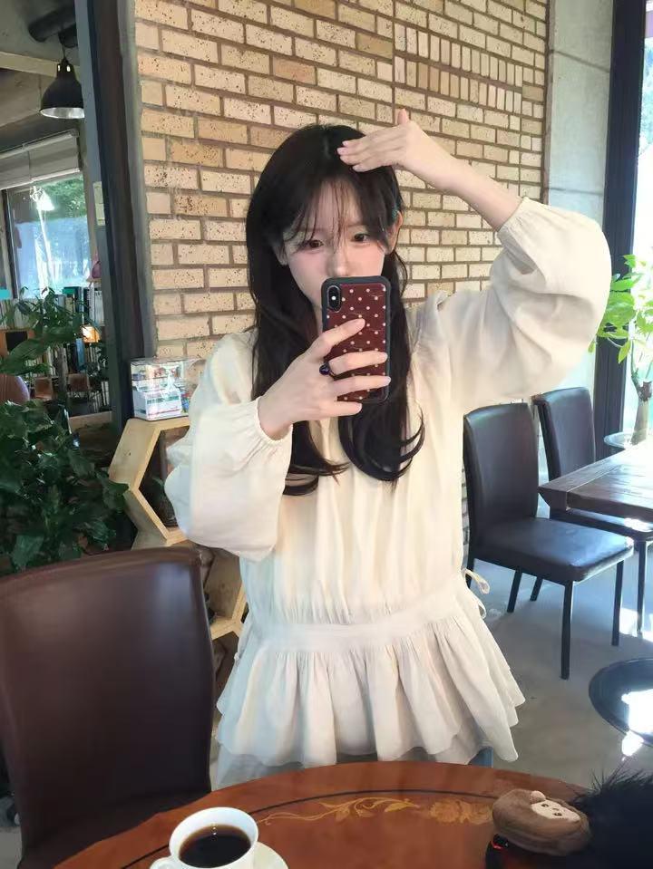 Korean Style Elegant Waist-Cinching Drawstring Loose Slimming Solid Color Spring Dress