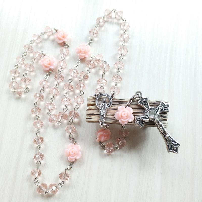 62KD Rose Crystal Rosary Necklace Catholic Vintage for Cross Pendant Long Chain Neckl